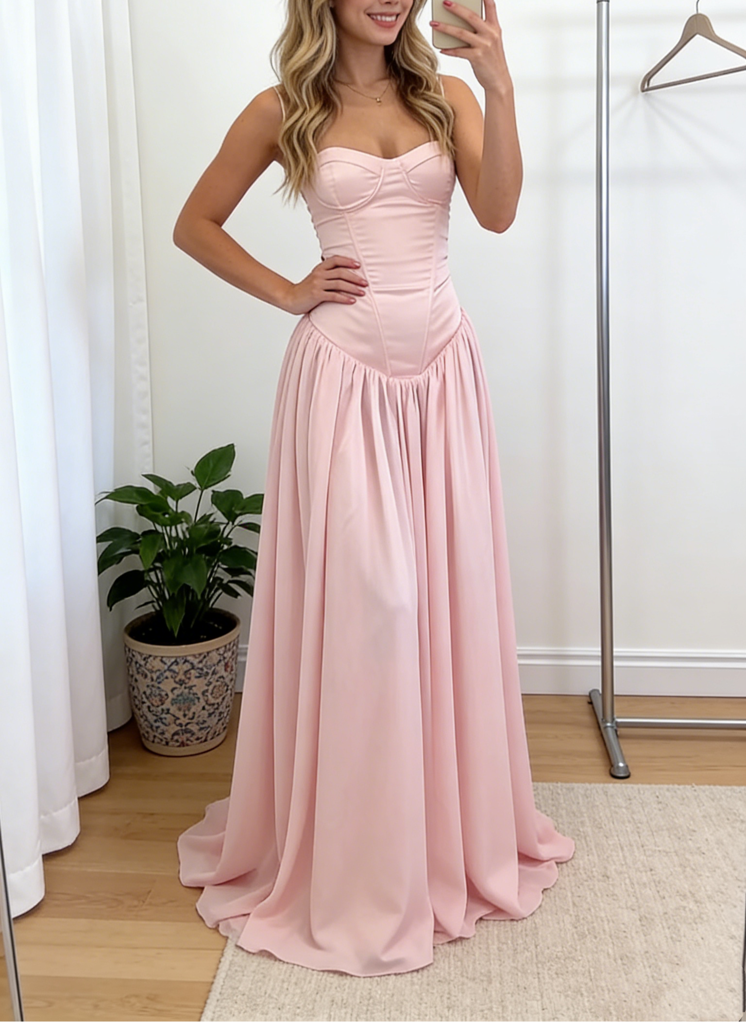 Satin A Line Pink  Long Prom Dress 