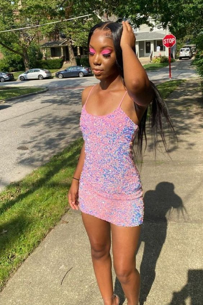 Pink Sequin Sheath Short Birthday Dress Homecoming Gown J4165