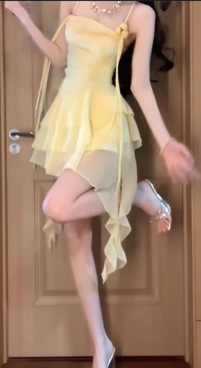 Fairy Summer Short Skirt Ruffle Irregular Spaghetti Strap Dress L18