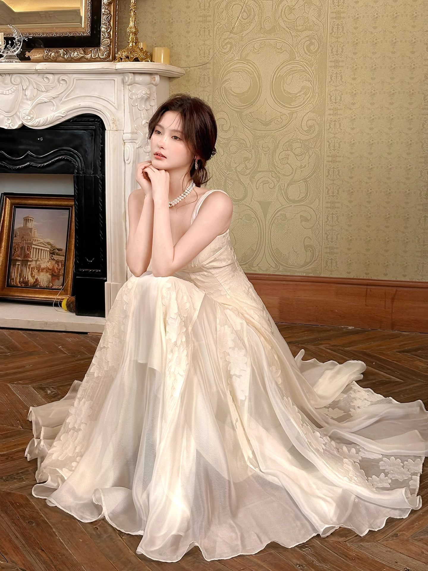 French-style Printed Spaghetti Straps Square-neck Birthday Dress L73