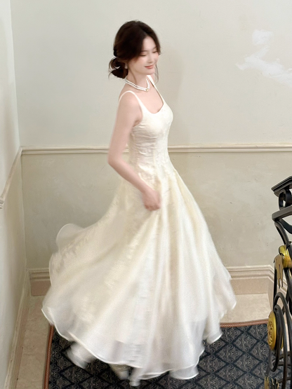 French-style Printed Spaghetti Straps Square-neck Birthday Dress L73