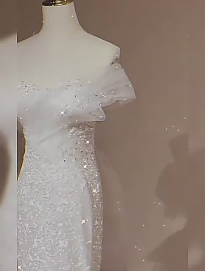 Robe de mariée sirène à paillettes, épaules dénudées, longue robe de soirée avec traîne 186