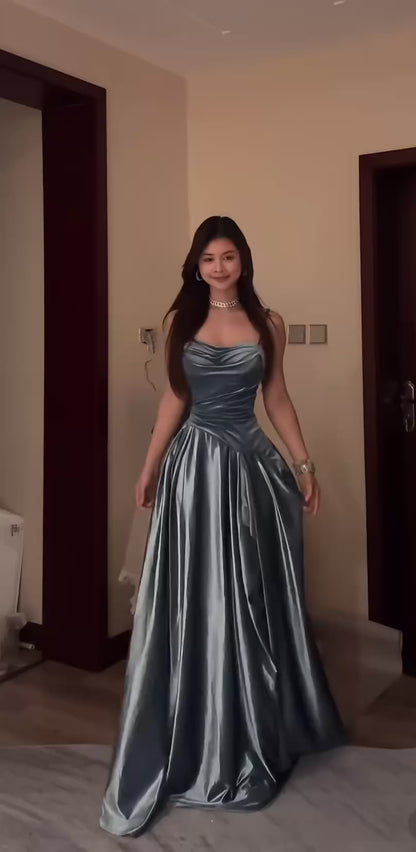 Robe de bal trapèze à bretelles spaghetti, gris et bleu, en satin, tenue d'anniversaire, J6612