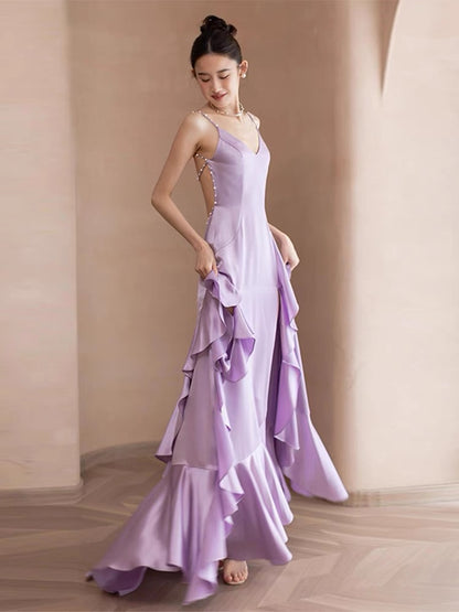 Robe de bal longue violette dos nu, coupe trapèze, à volants, robe de soirée formelle J3654