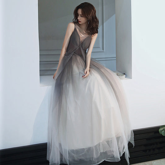 Gray Gradient Tulle Spaghetti Strap Prom Dress Backless Long Evening Dress 52