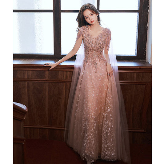 Pink Long Prom Dress Beading Formal Dress with Cap V Neck Evening Dress 76