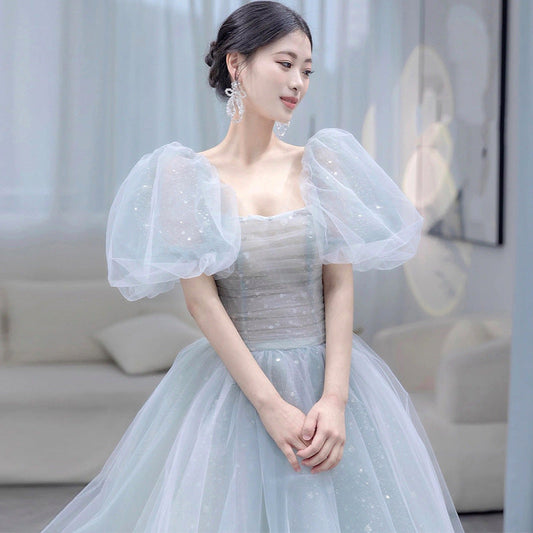 Princess Tulle Dress Blue Formal Party Dress Puff Sleeves Evening Dress 116