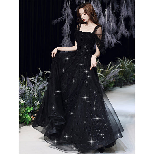 Black Off Shoulder Long Prom Dress A Line Long Evening Dress 84