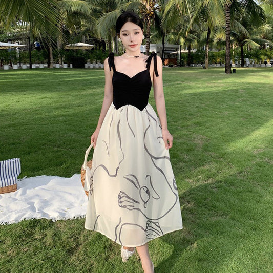 2023 Summer New Black and White Printed Beach Skirt Long Skirt Seaside Holiday Dress 70