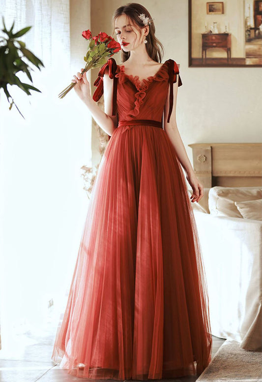 Rust Red  Long Prom Dress V Neck Tulle  Formal Dress 93