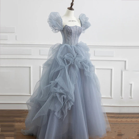 Blue Tulle Princess Ball Gown Puff Sleeves Sweet Evening Dress  92