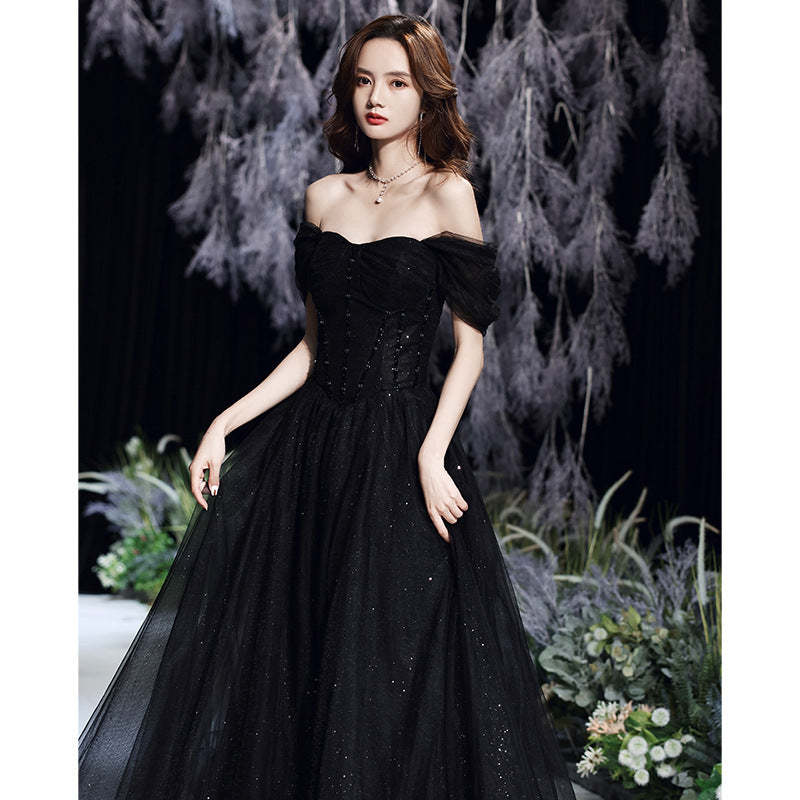 Black Off Shoulder Long Prom Dress A Line Long Evening Dress 84