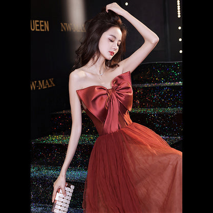 Strapless A Line Satin Bow Tie Long Prom Dress Red Evening Tulle Dress 89 - JulyProm