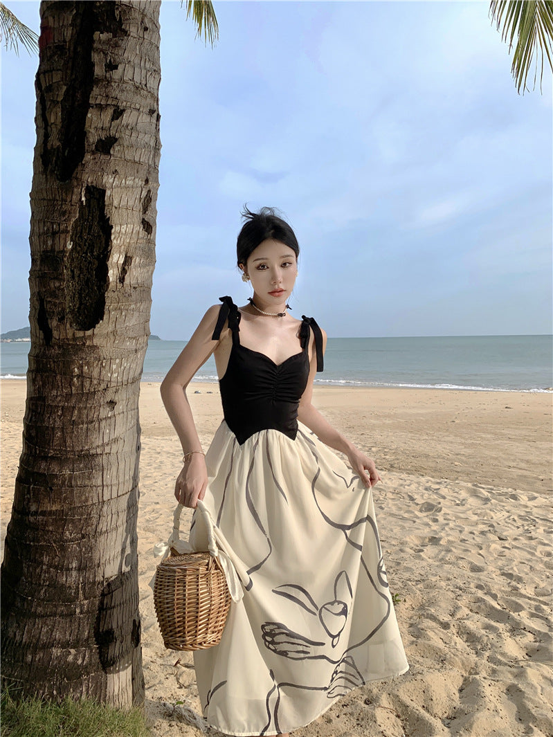 2023 Summer New Black and White Printed Beach Skirt Long Skirt Seaside Holiday Dress 70