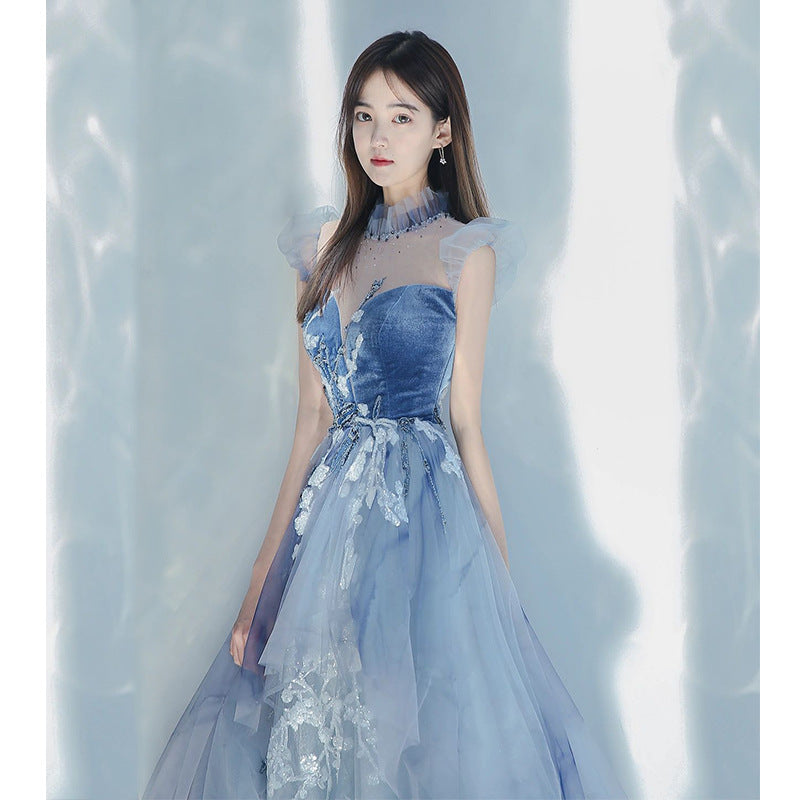 A Line Blue Long Prom Dress Flower Tulle Formal Dress 94 – JulyProm