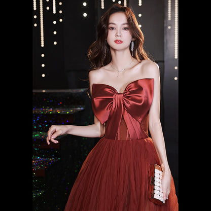 Strapless A Line Satin Bow Tie Long Prom Dress Red Evening Tulle Dress 89 - JulyProm