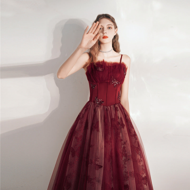 Burgundy Spaghetti Strap Tulle Prom Dress Lace Up Evening Dress 48