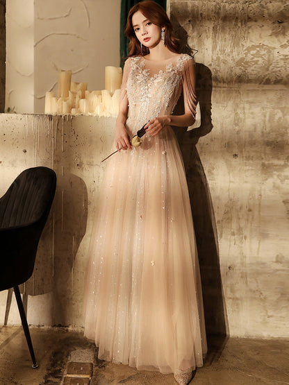 Light Pink Tassel Long Prom Dress A Line Formal Dress Evening Dress 124 - JulyProm