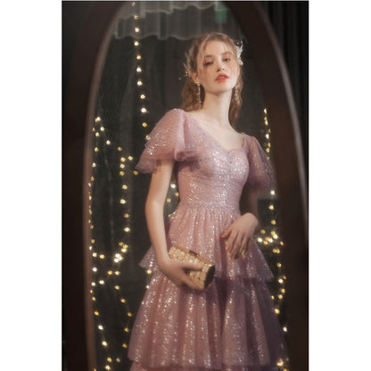 Pink Sparkly Fairy Long Prom Dress Short Sleeves Bling Evening Dress 77 - JulyProm