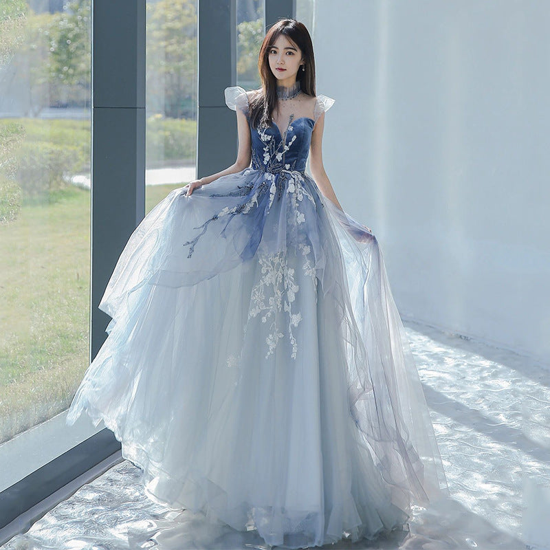 A Line Blue Long Prom Dress Flower Tulle Formal Dress 94