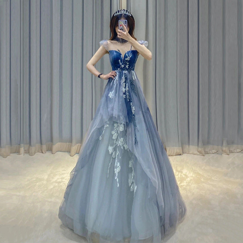 A Line Blue Long Prom Dress Flower Tulle Formal Dress 94