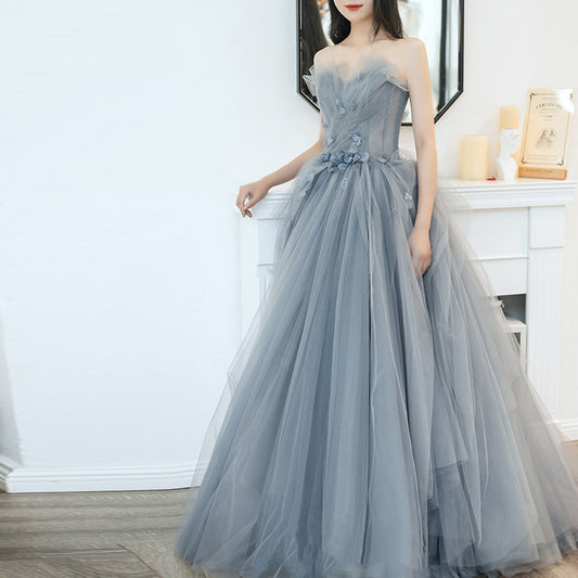 Gray Blue Sweetheart Long Prom Dress Lace Up Birthday Party Dress  9