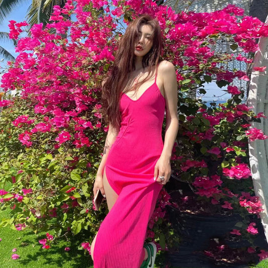 Rose red  dress with side slit  V-neck dress seaside vacation beach long dress 5